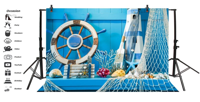 LFEEY 7x5ft Blue Wooden Wall Nautical Birthday Backdrop Seashells Sailing Ship Wheel Helm Fishing Net Starfish Summer Party Photography Background for Events Videos YouTube Photo Studio Props - Image 3